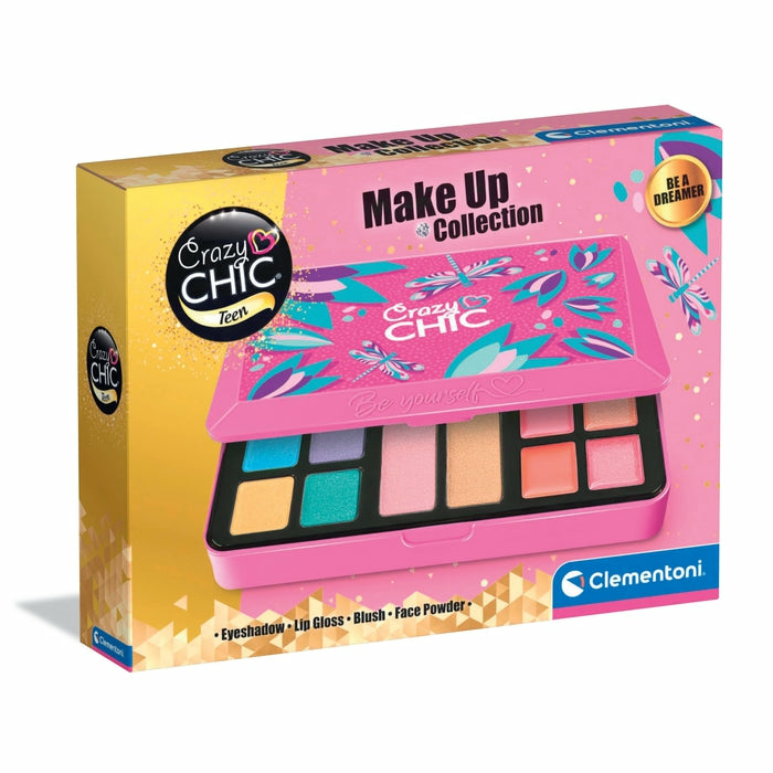 Rosa und goldene Crazy Chic Make-Up-Kollektion Box mit Lidschatten, Lipgloss, Rouge und Puder.