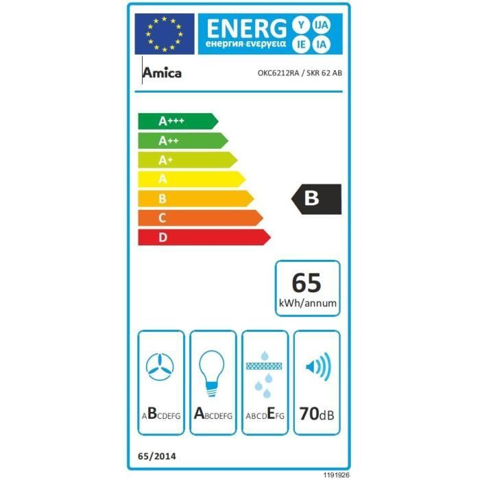 Étiquette énergie Amica de classe B, consommant 65 kWh par an et émettant 70 dB.