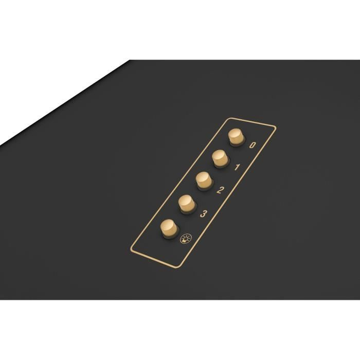 Panneau de commande noir avec cinq boutons dorés, des chiffres de 0 à 3 et une icône de lumière.