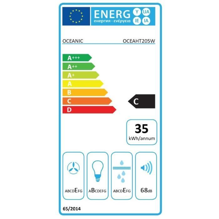 Etiqueta energética clase C para Oceanic OCEAHT205W, 35 kWh/año y 68 dB de ruido.