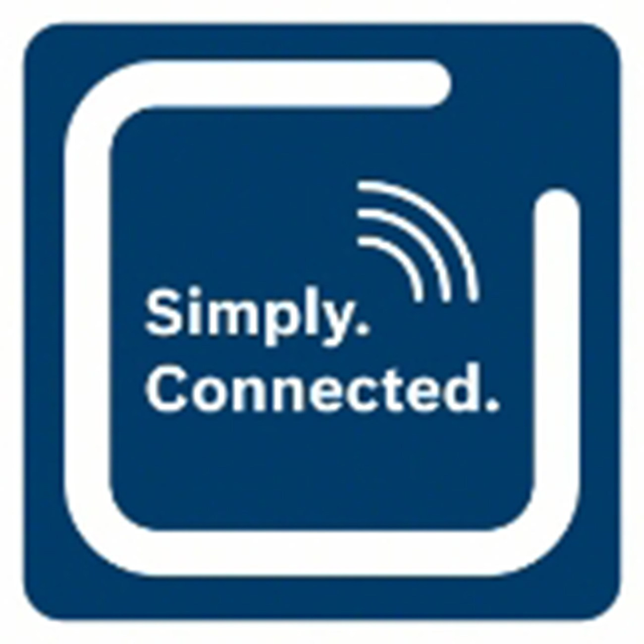 Beyaz Simply Connected metni ve bir Wi-Fi simgesi içeren mavi kare logo.