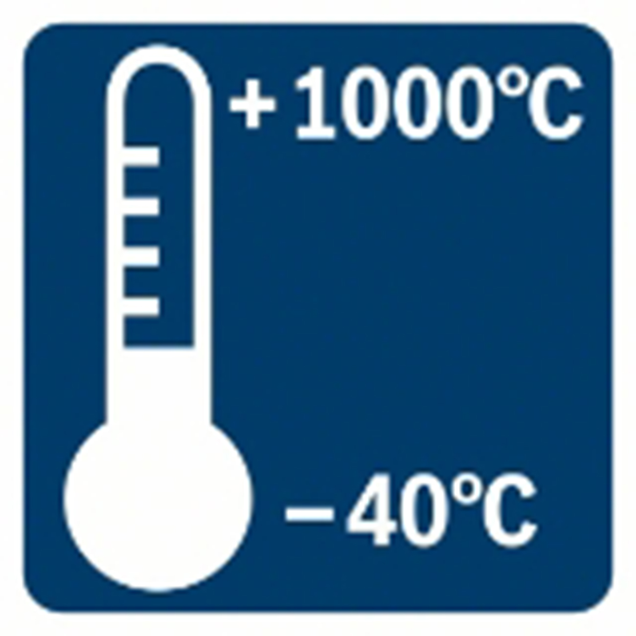 Beyaz termometre simgesi ve +1000°C ile -40°C sıcaklık değerleri olan mavi tabela.