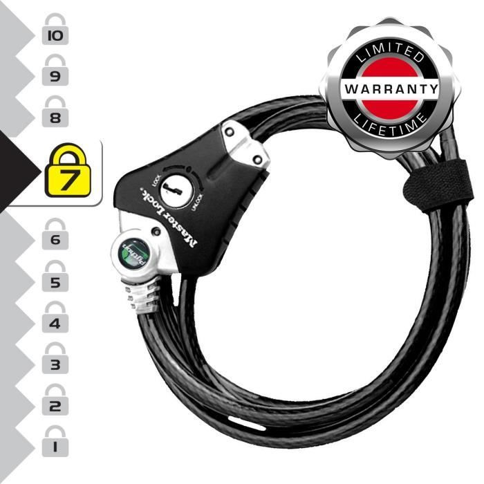 Un cavo Master Lock nero con meccanismo di chiusura e garanzia a vita.