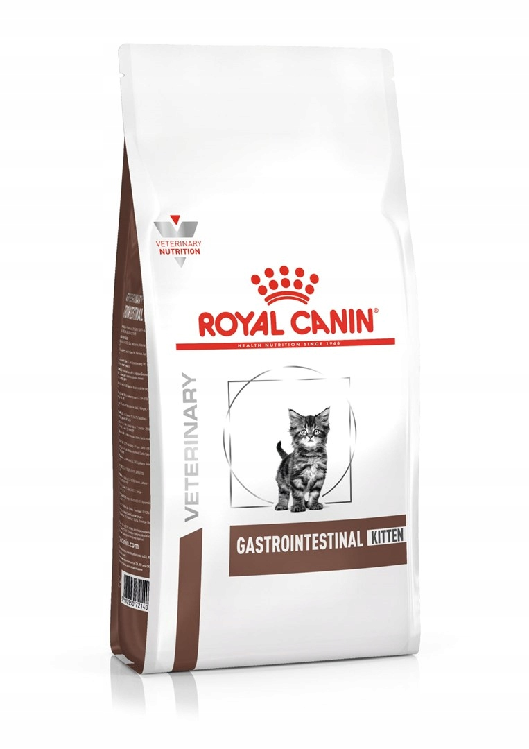 Biała torba z karmą dla kociąt Royal Canin Gastrointestinal z wizerunkiem kociaka.