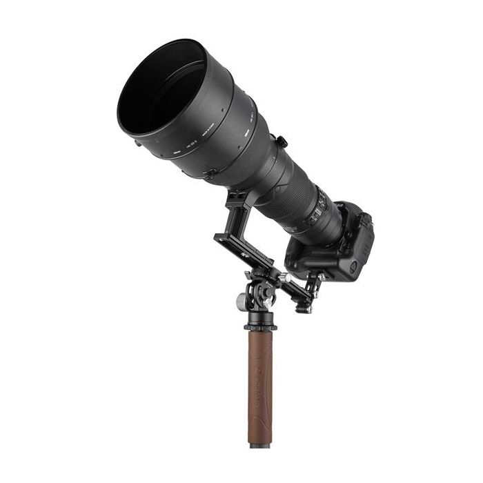 Eine DSLR-Kamera mit langem Teleobjektiv, montiert auf einem Gimbal-Stativkopf mit braunem Griff.