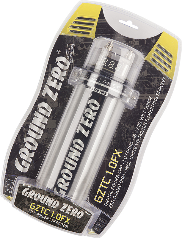 Ground Zero GZTC 1.0FX digitaler Powerkondensator in versiegelter Blisterverpackung mit gelb-schwarzem Design.