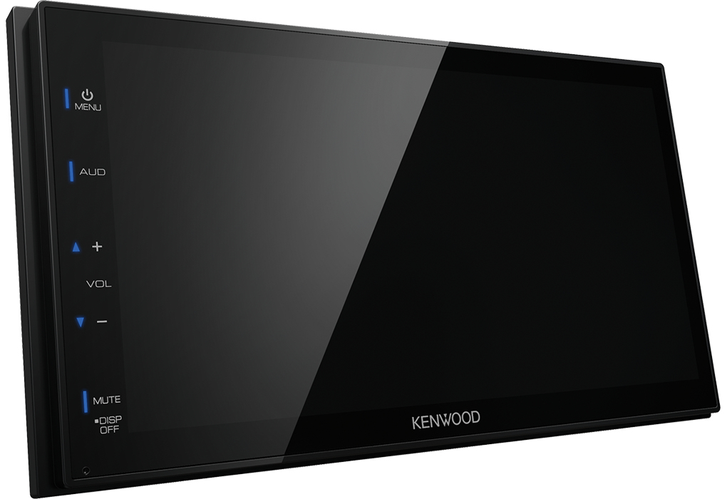 Ein schwarzes Kenwood Autoradio mit Touchscreen und blauen Funktionstasten an der linken Seite.