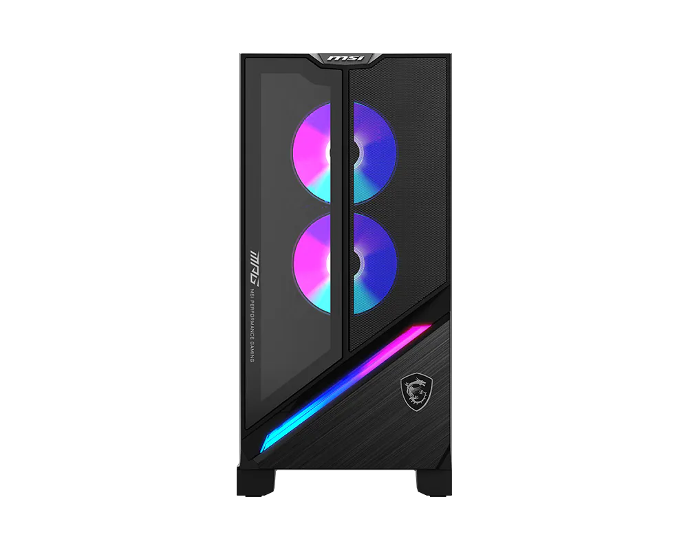 Case per PC da gioco MSI nero con ventole illuminate in rosa e blu e striscia LED RGB su sfondo scuro.