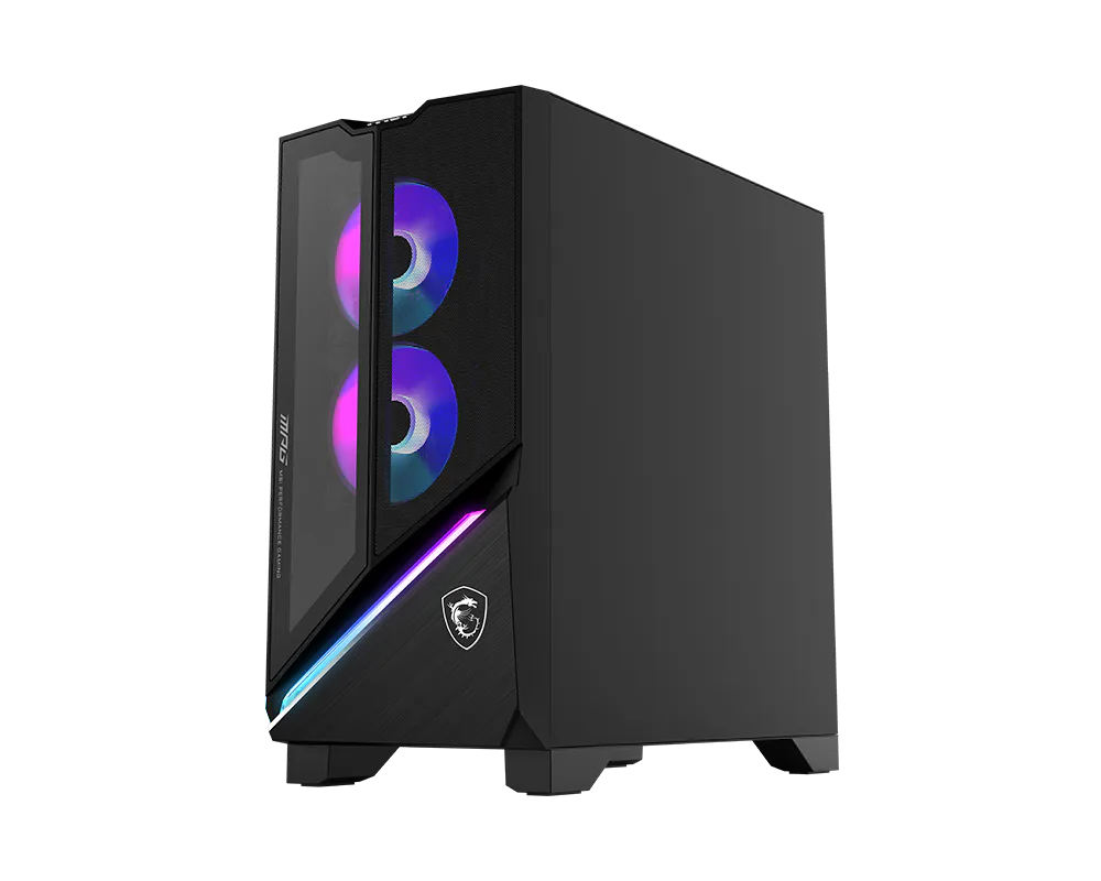 Un tower PC da gioco nero con ventole illuminate in viola, una striscia LED RGB e il logo MSI su sfondo nero.