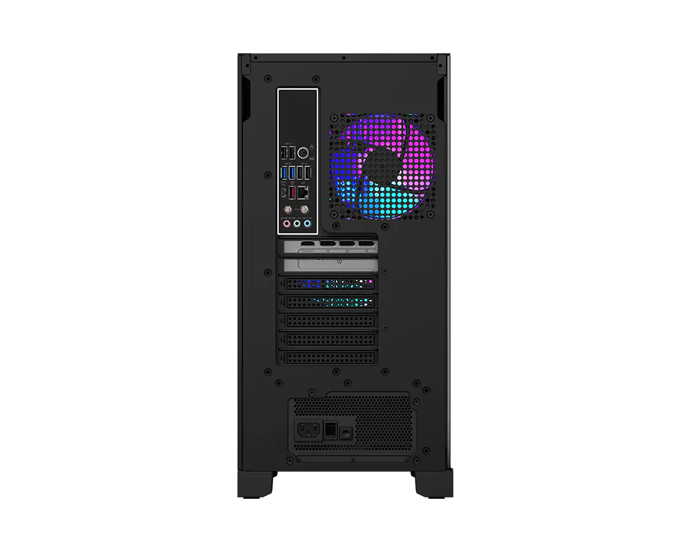 Vista posteriore di un case PC nero con porte I/O, slot di espansione e ventola RGB.