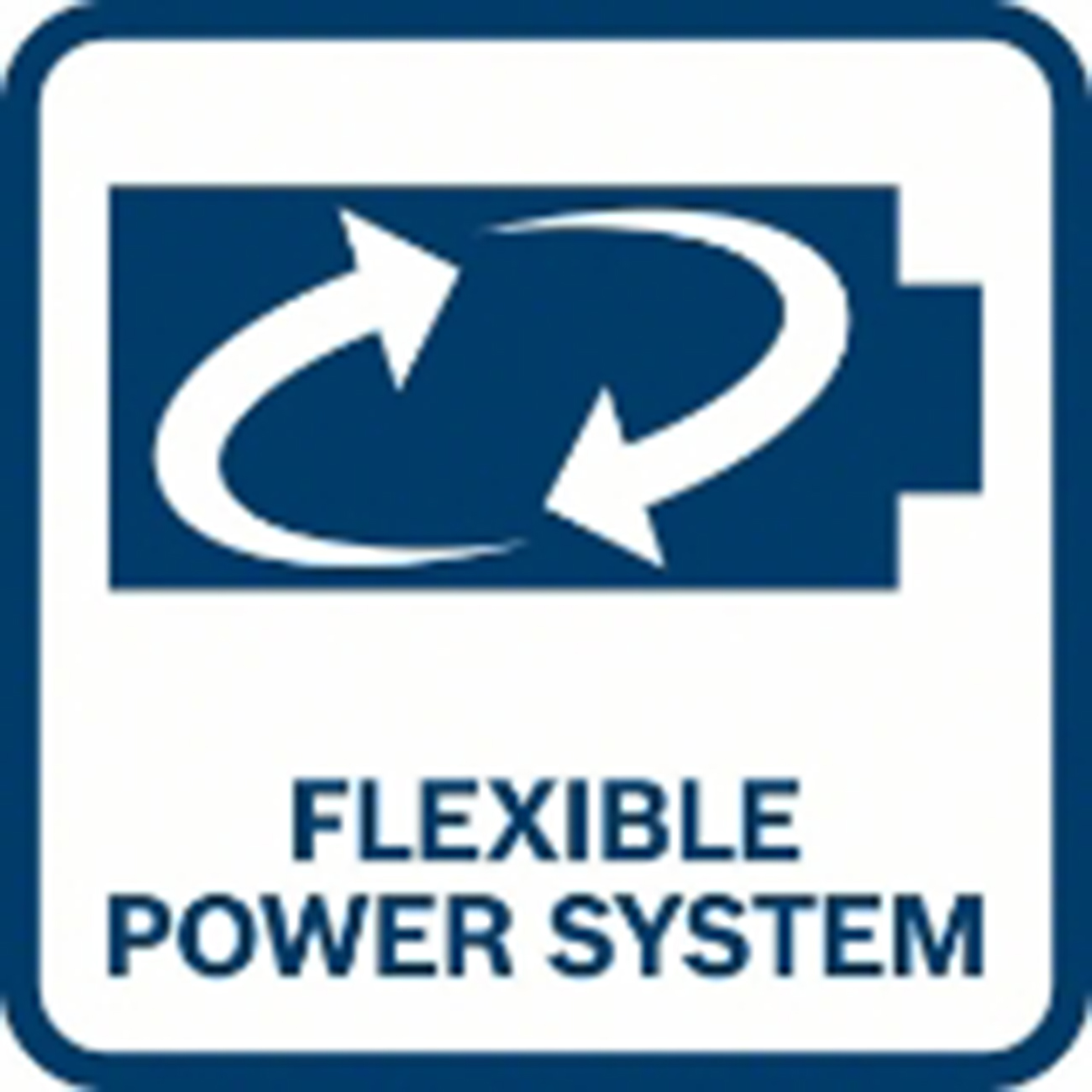 İki beyaz dairesel ok ve FLEXIBLE POWER SYSTEM yazısı içeren mavi pil simgesi.