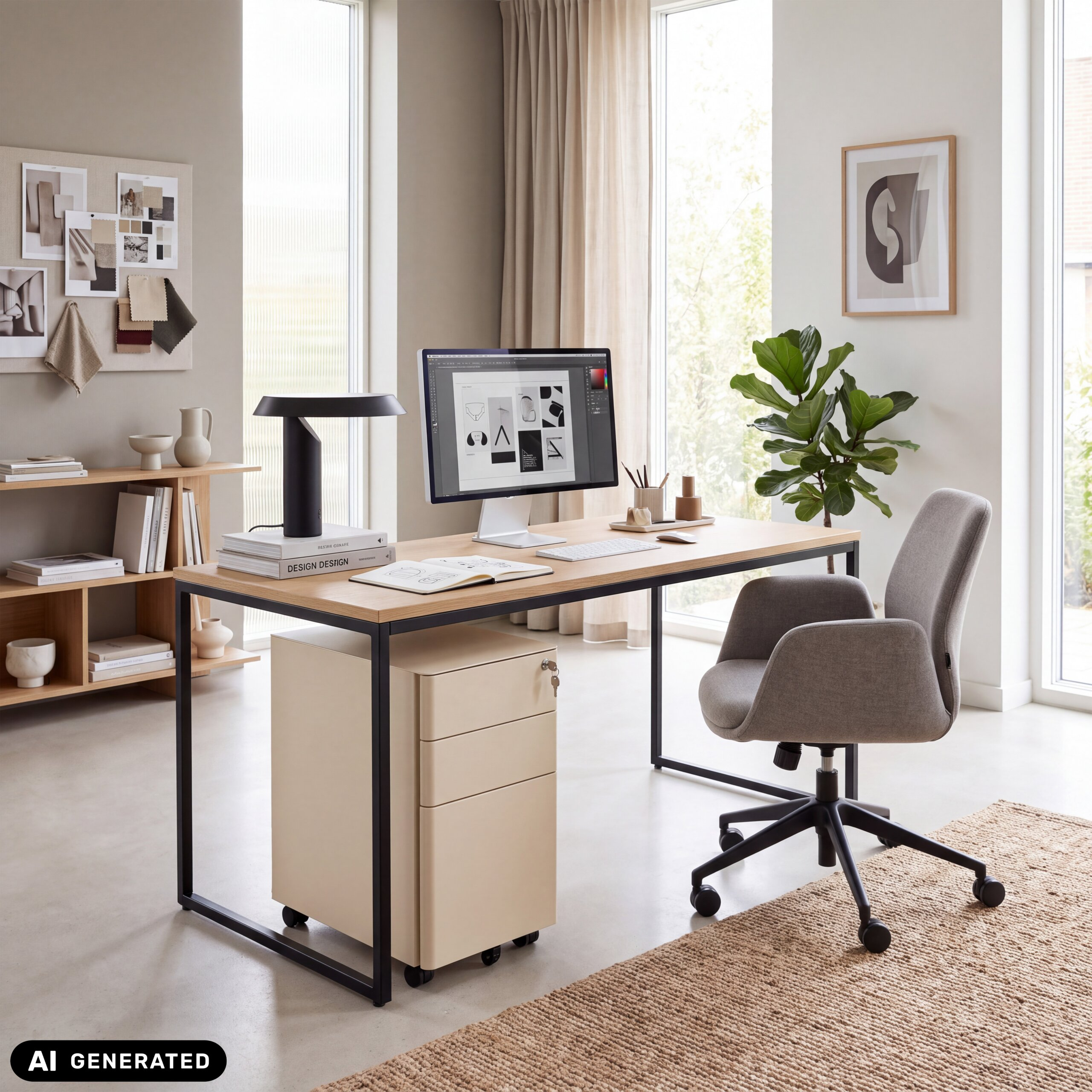Modernes Arbeitszimmer mit Holztisch, PC, grauem Stuhl, Rollcontainer und großer Pflanze vor hellem Fenster.