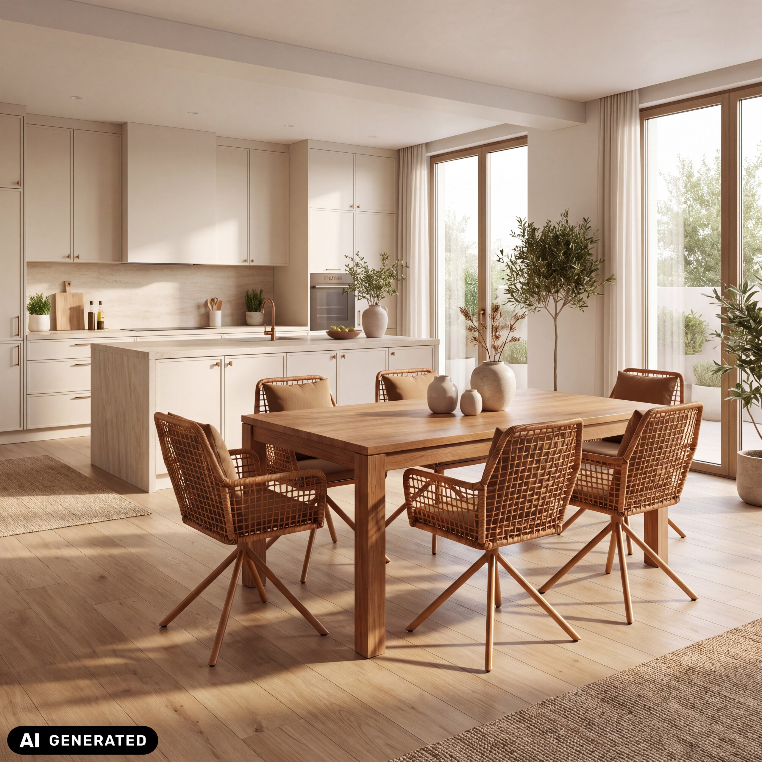 Moderne Küche mit Holzesstisch und Rattanstühlen vor großen Fenstern.