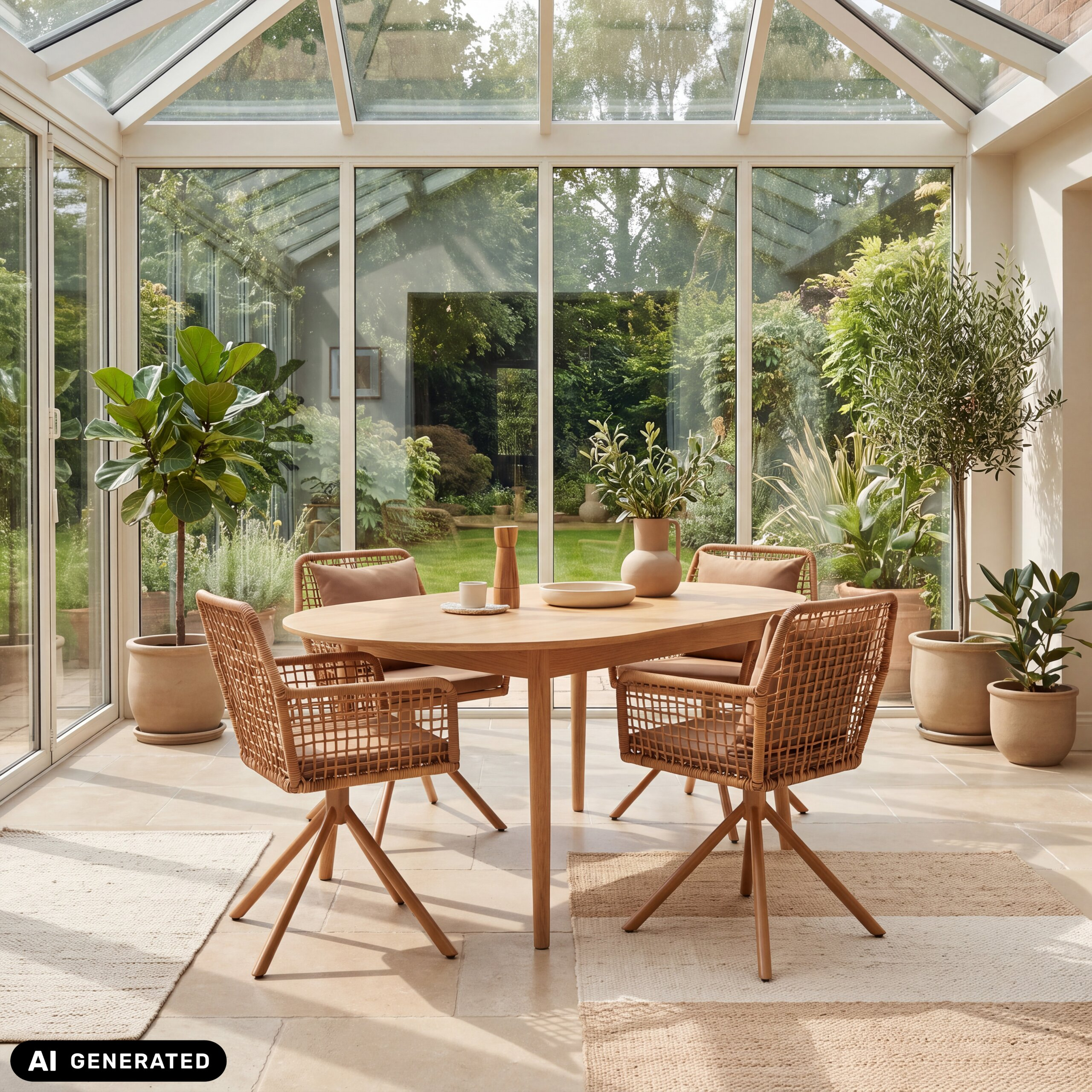 Ein heller Wintergarten mit Holztisch, Rattansesseln, Pflanzen und großen Glasfenstern mit Gartenblick.