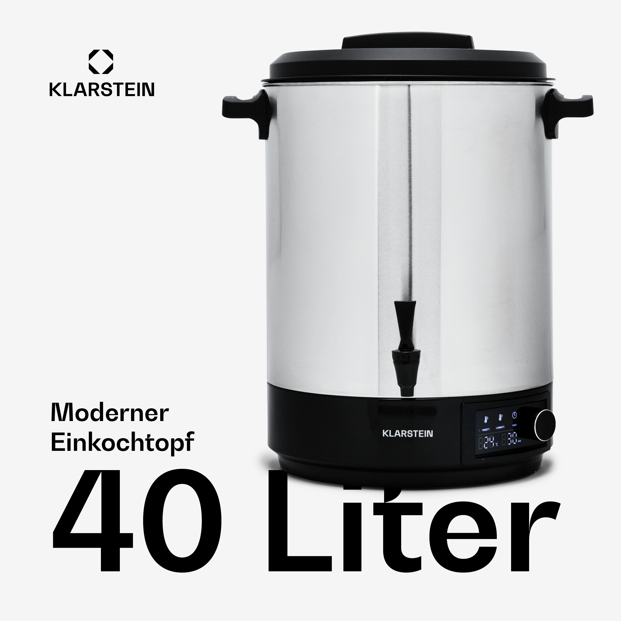 Pentola per conserve Klarstein argentata da 40 litri con base nera, rubinetto, maniglie e display digitale su sfondo bianco.