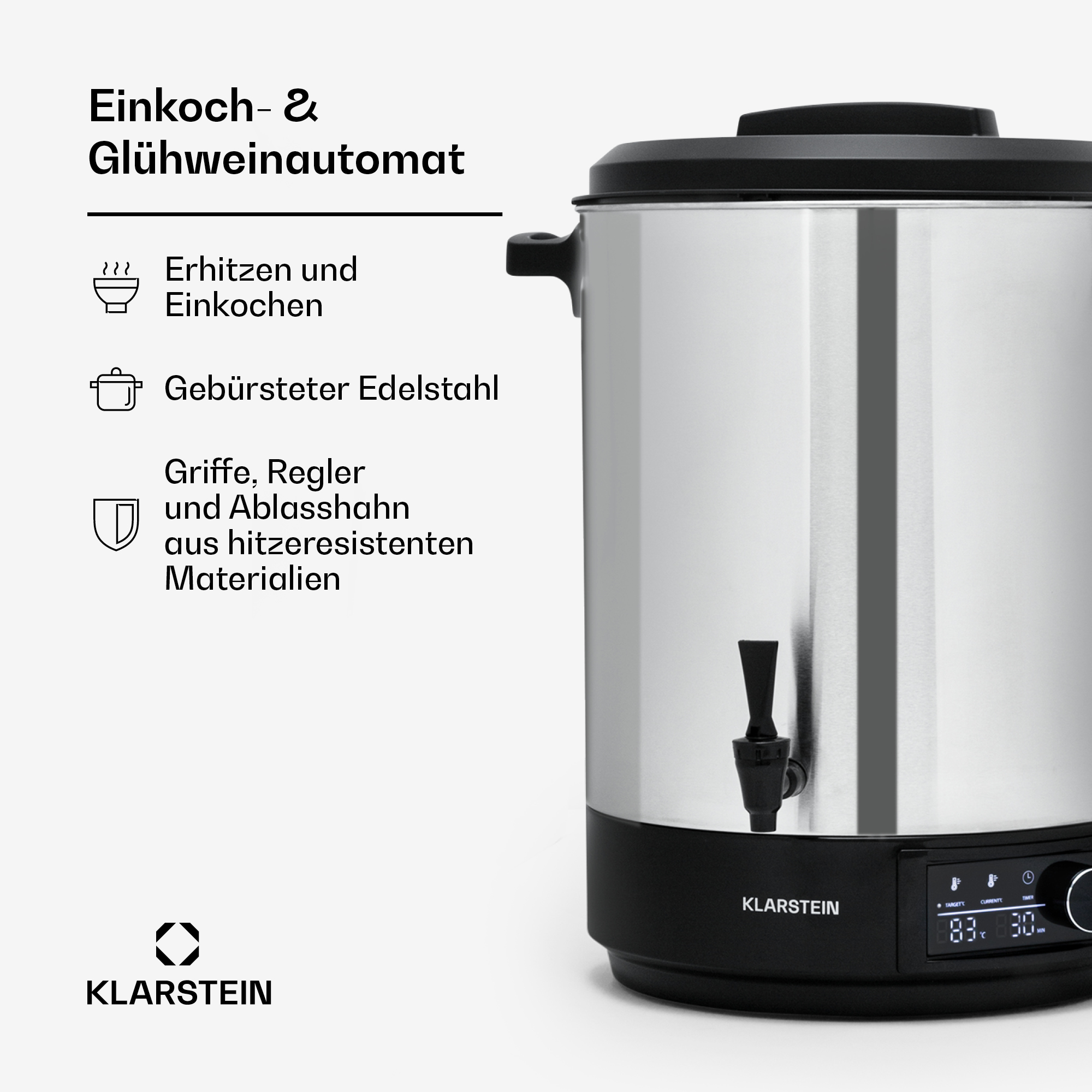 Distributore di vin brulè in acciaio inossidabile con base nera, rubinetto e display digitale su sfondo bianco.