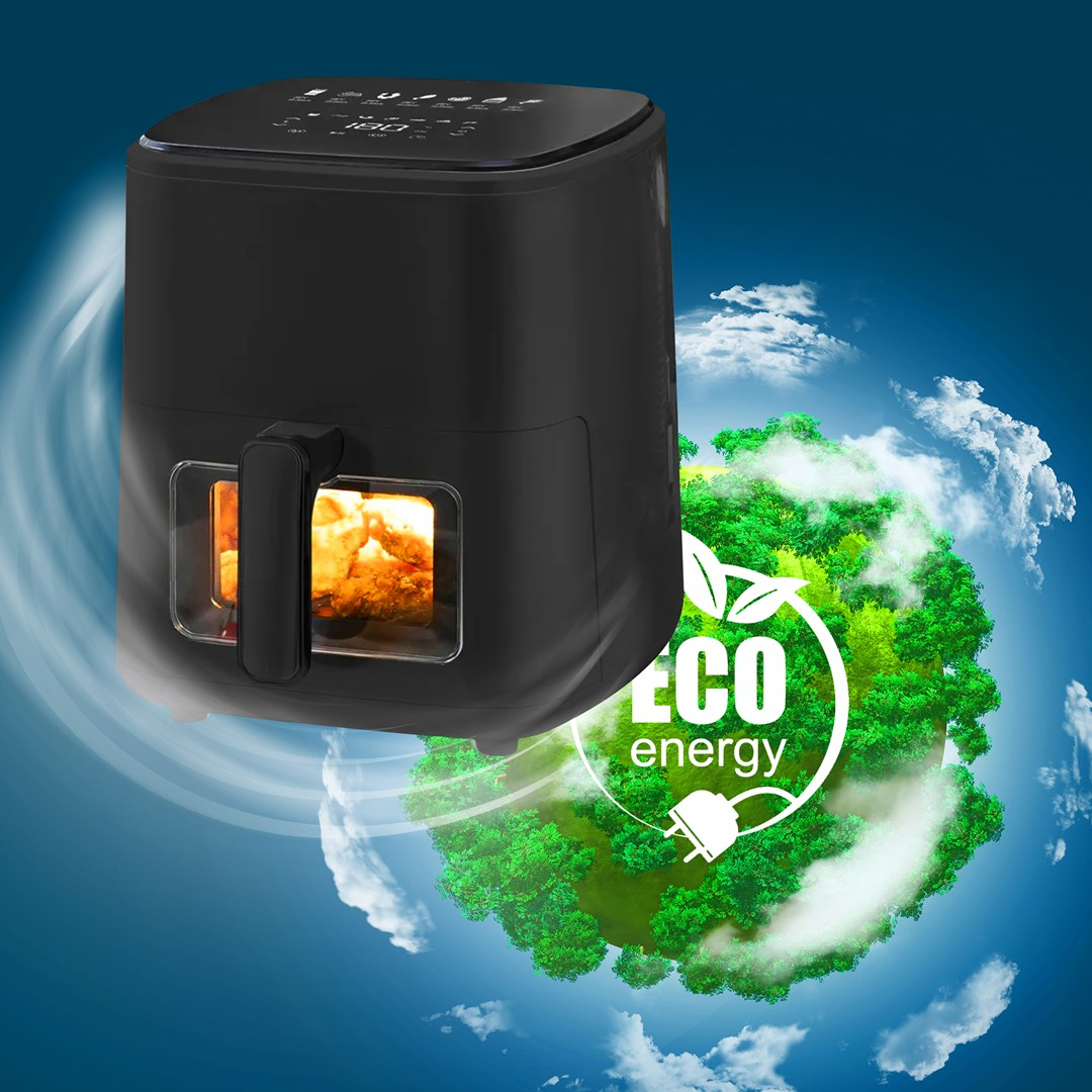 Czarna frytownica beztłuszczowa unosi się nad zielonym globem z logo eco energy, na tle niebieskiego nieba.