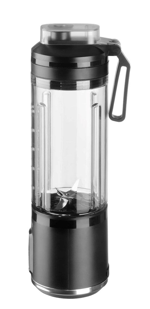 Przenośny czarny blender z przezroczystym pojemnikiem i ostrzami na dole, na białym tle.