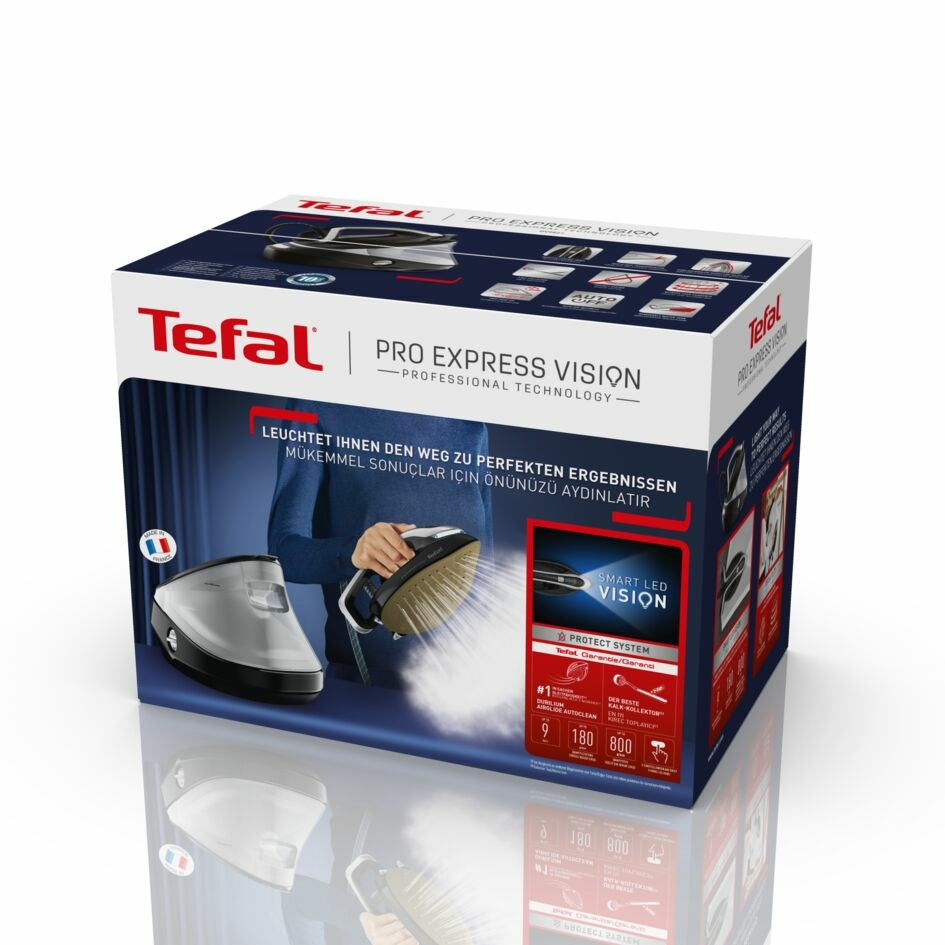 Scatola per ferro da stiro a vapore Tefal Pro Express Vision con immagini su sfondo blu.
