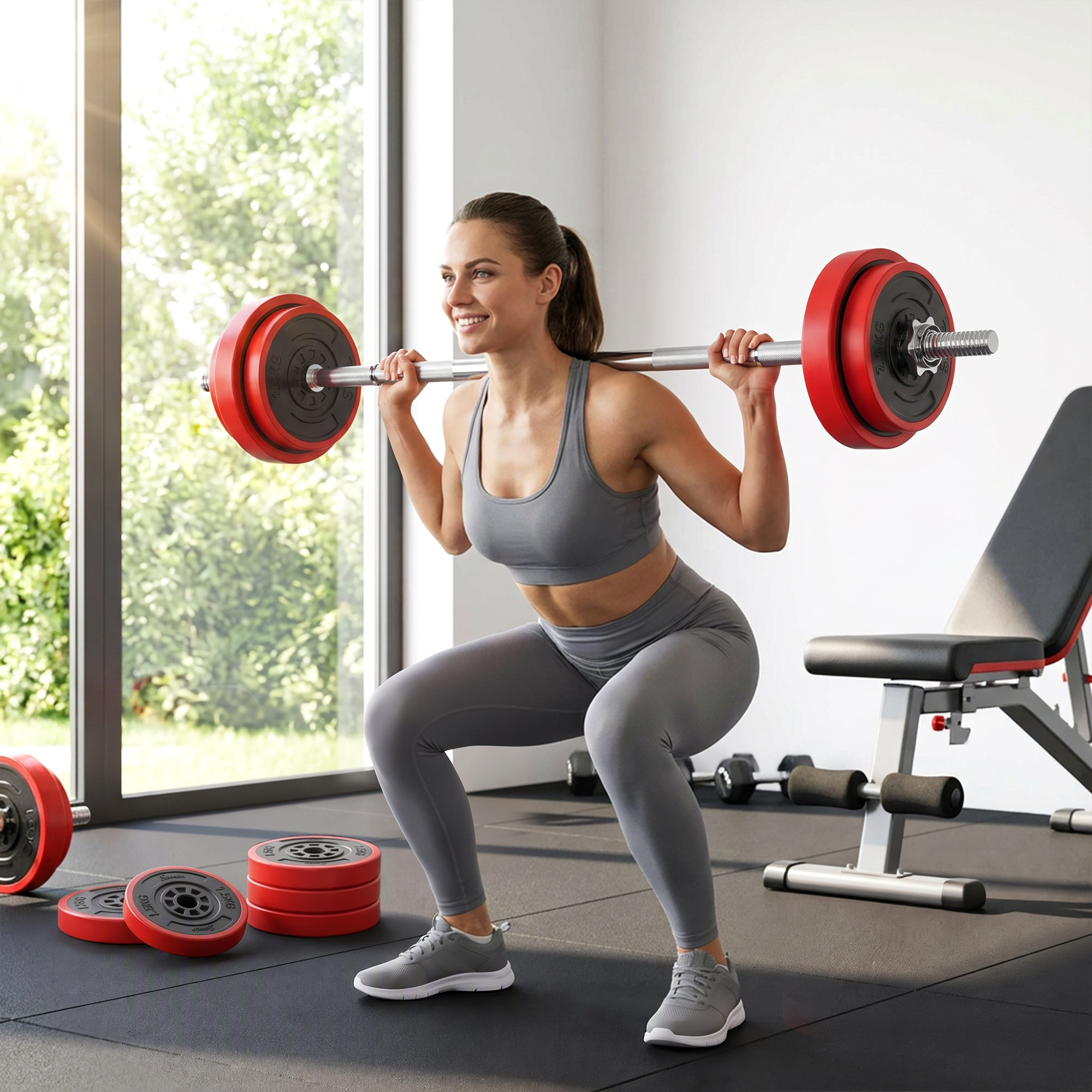 Una mujer con ropa deportiva gris hace sentadillas con una barra en un gimnasio.