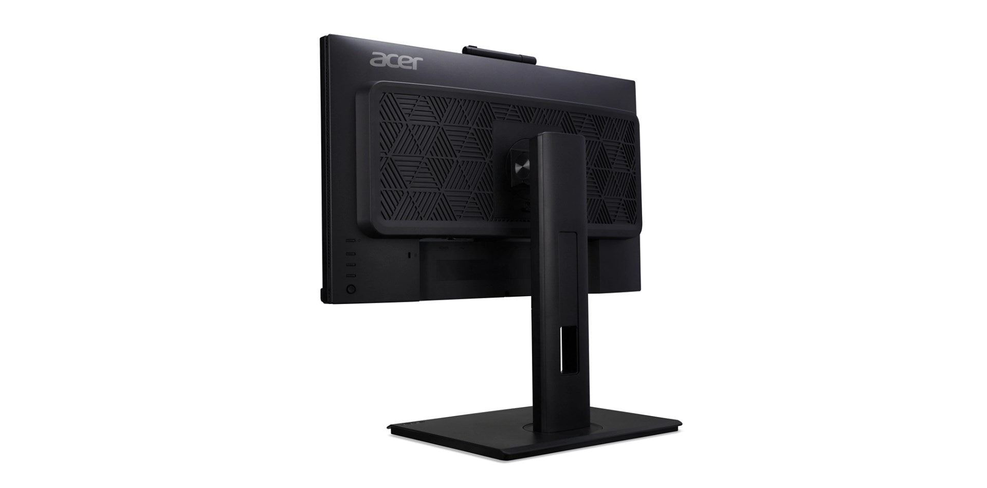 Widok z tyłu czarnego monitora Acer z wzorzystym tylnym panelem i podstawą na białym tle.