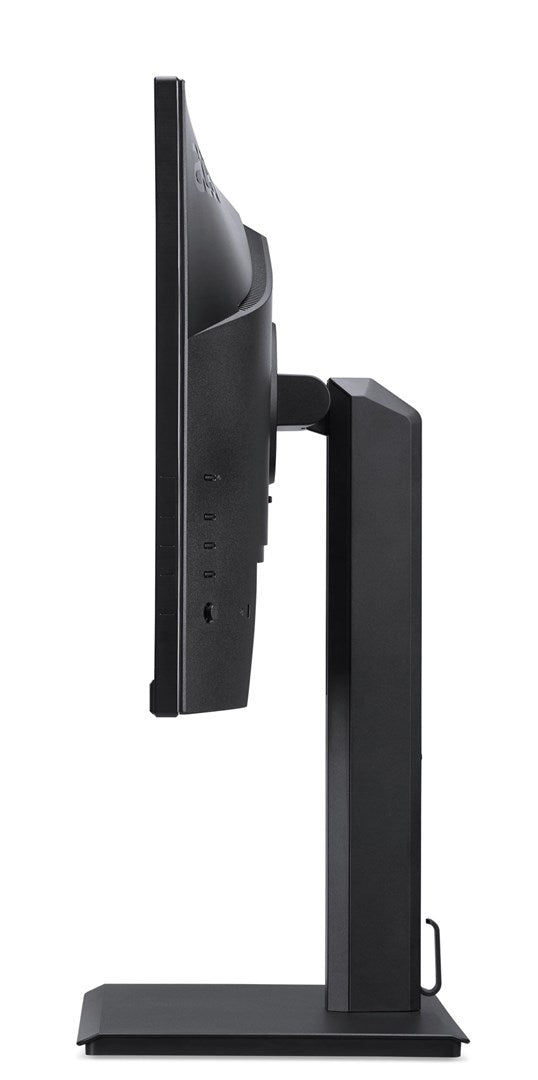 Vista laterale di un monitor nero su supporto regolabile su sfondo bianco.