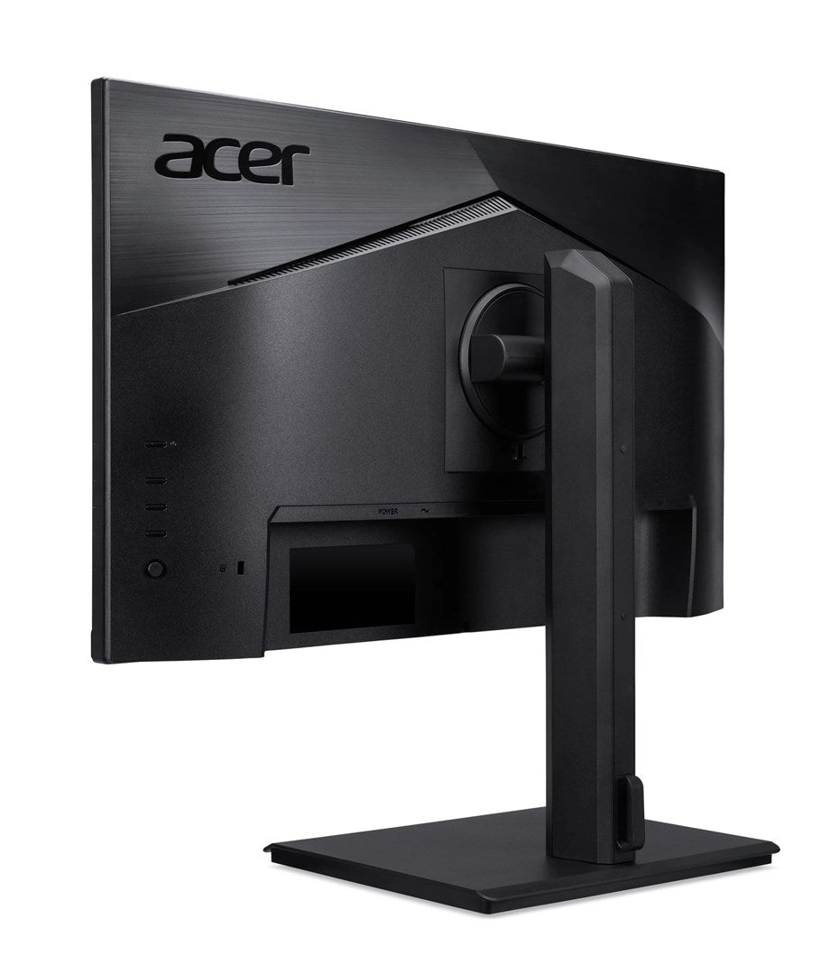Vista posteriore di un monitor Acer nero con supporto su sfondo bianco.