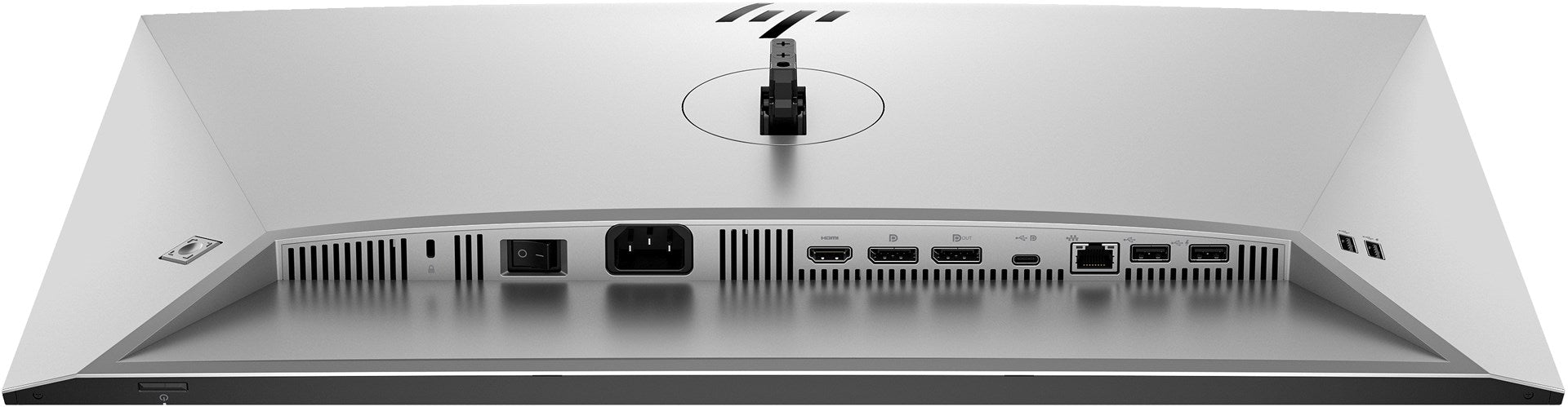 Vista posteriore di un monitor HP argento che mostra varie porte tra cui HDMI, DisplayPort, USB ed Ethernet.