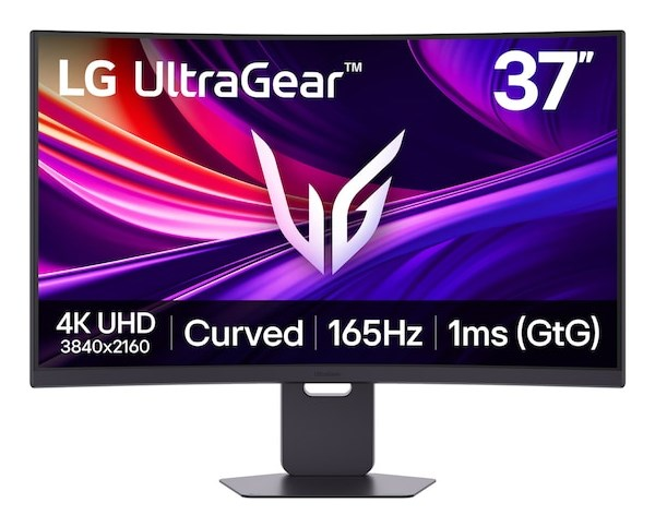 Zakrzywiony monitor gamingowy LG UltraGear 37 cali 4K UHD z 165Hz i 1ms na podstawce.