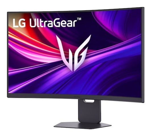Zakrzywiony monitor LG UltraGear z czarną podstawą wyświetla kolorową, abstrakcyjną tapetę.