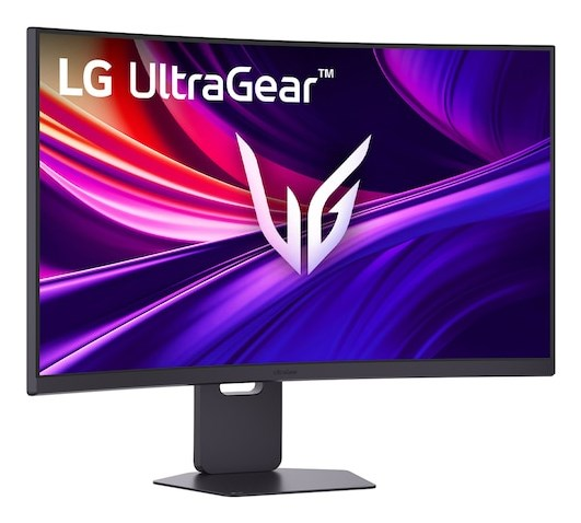 Zakrzywiony monitor LG UltraGear z kolorowym abstrakcyjnym tłem i białym logo.