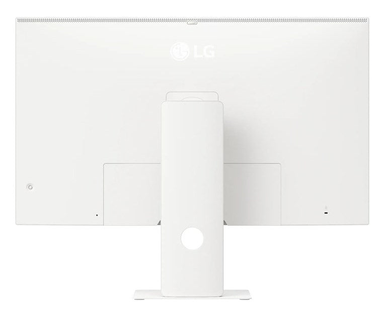 Il retro di un monitor LG bianco con supporto centrale.