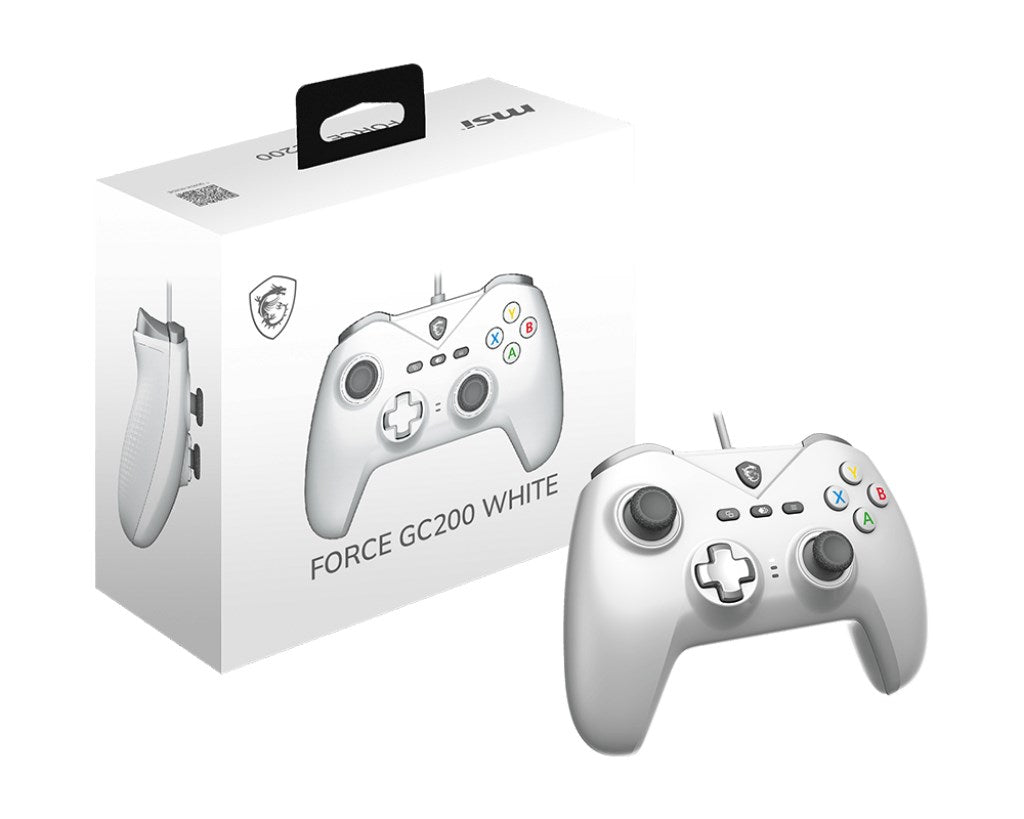 Ein weißer MSI Force GC200 White Controller und die dazugehörige Verpackung auf weißem Hintergrund.