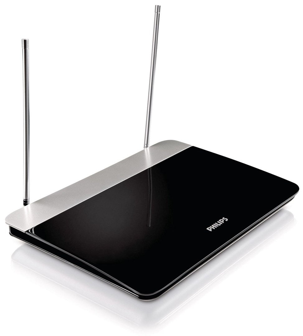 Un dispositivo Philips nero e argento con due alte antenne metalliche verticali su sfondo bianco.