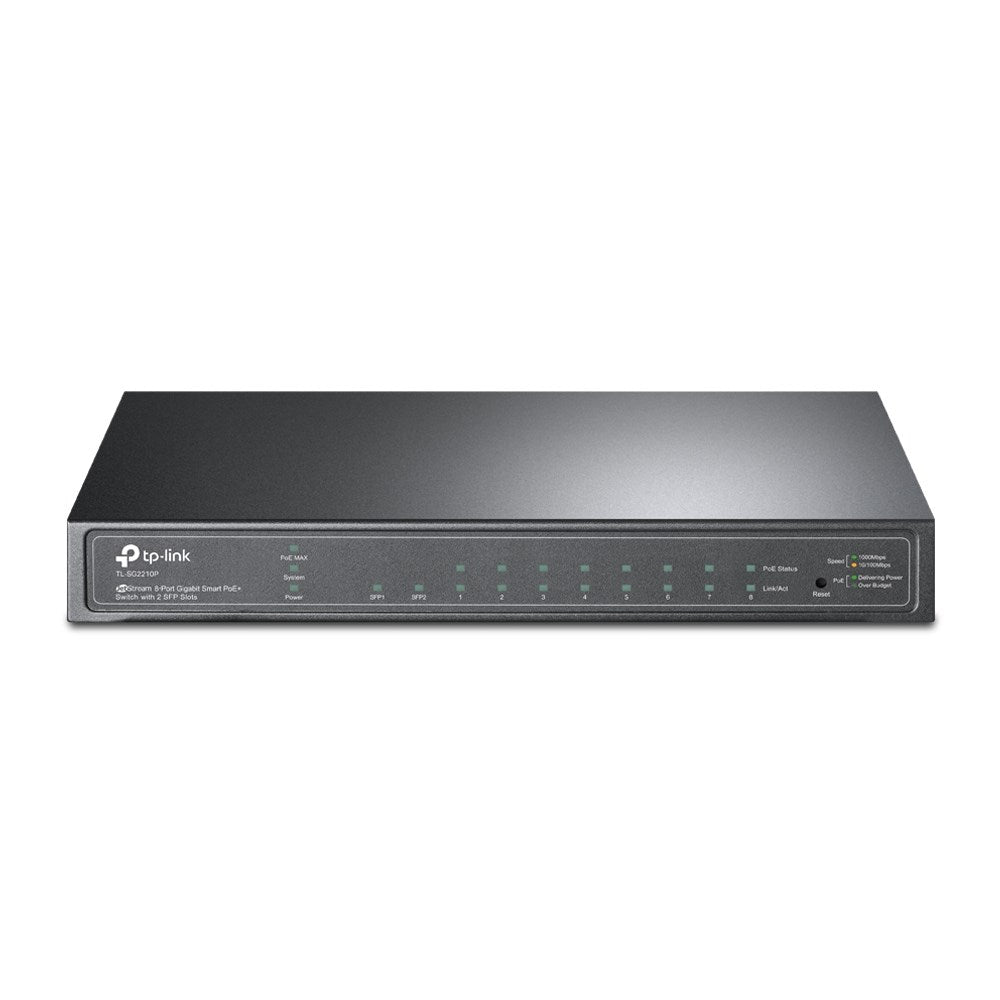 Uno switch di rete TP-Link grigio con più porte e spie luminose su sfondo bianco.