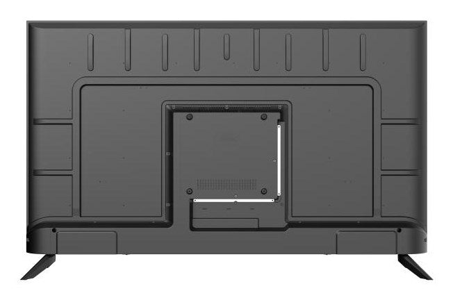 Vista posterior de un televisor de pantalla plana negro con orificios de montaje y dos soportes pequeños.