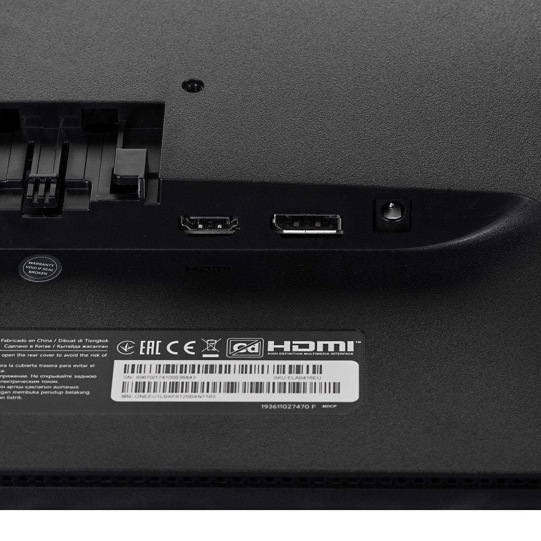Czarny tylny panel monitora z portami HDMI, DisplayPort, gniazdem zasilania i etykietą z kodami kreskowymi.
