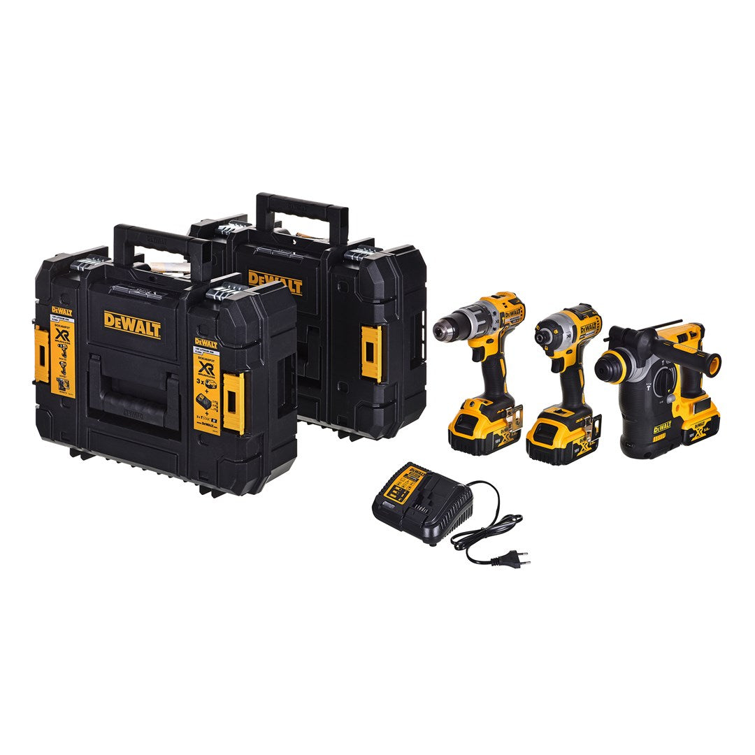 Zestaw narzędzi DeWalt z dwoma walizkami, trzema elektronarzędziami i ładowarką.
