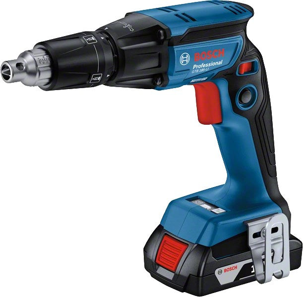Un avvitatore a batteria Bosch Professional blu e nero con batteria, isolato su sfondo bianco.