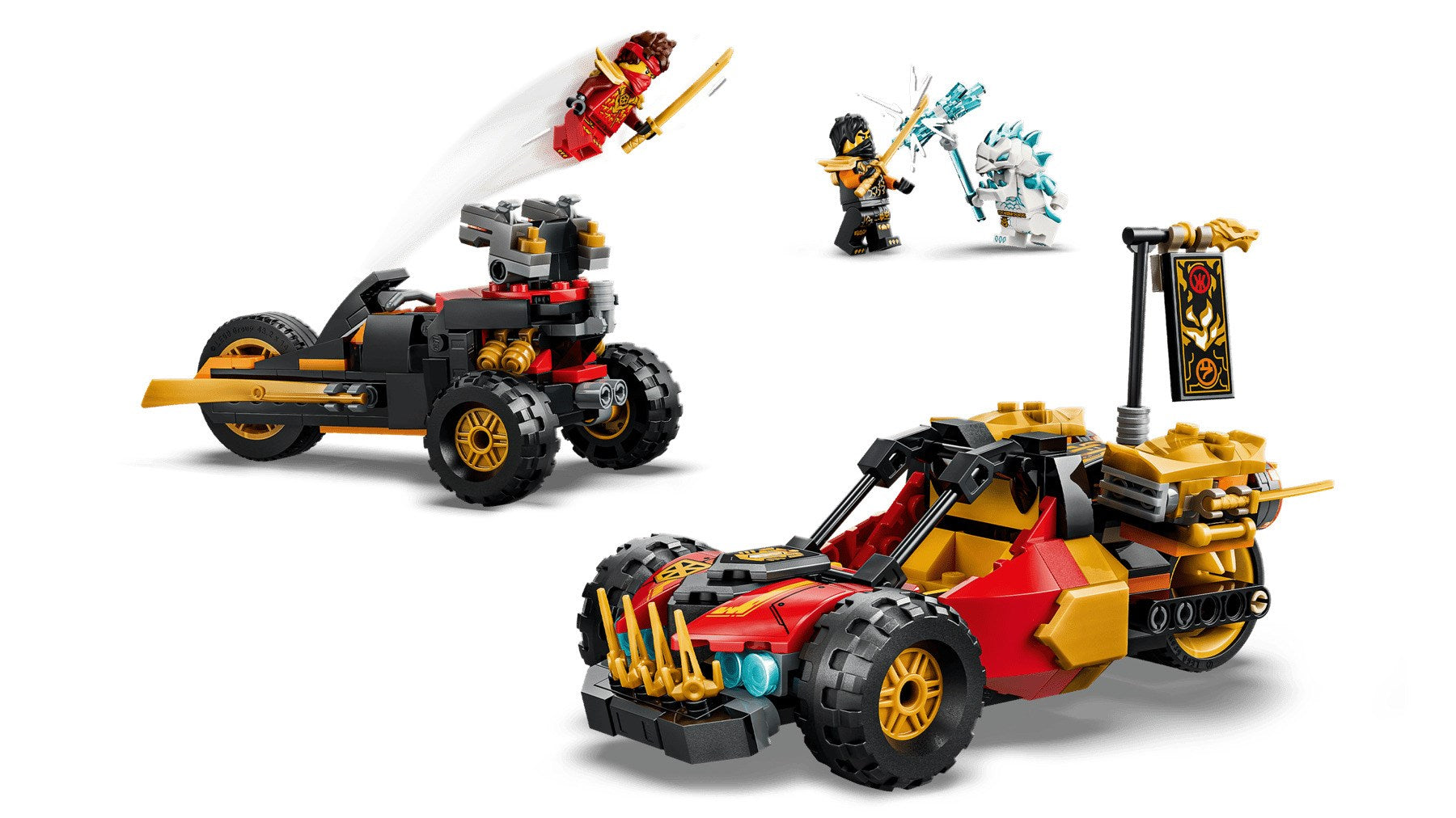 Escena de acción de Lego Ninjago con dos vehículos y cuatro minifiguras sobre fondo blanco.