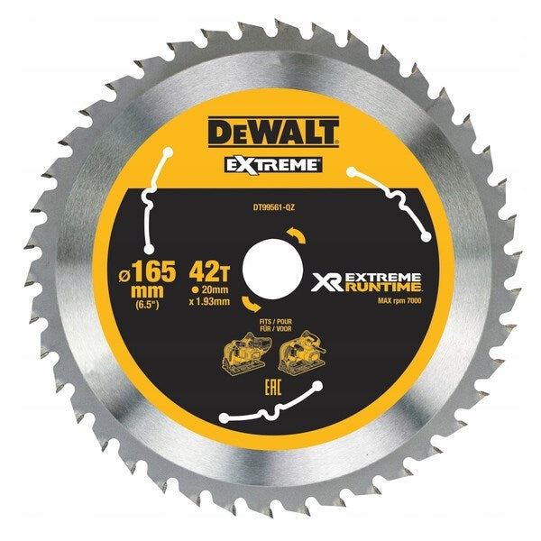 Hoja de sierra circular DeWalt Extreme amarilla y negra, de 165 mm de diámetro y 42 dientes, sobre fondo blanco.