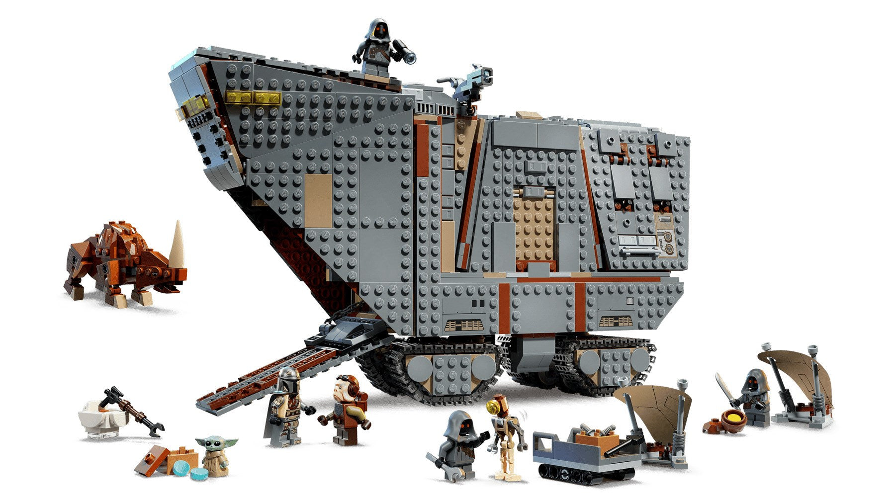 Set Lego Star Wars con un grande veicolo cingolato grigio, minifigure e accessori su sfondo bianco.