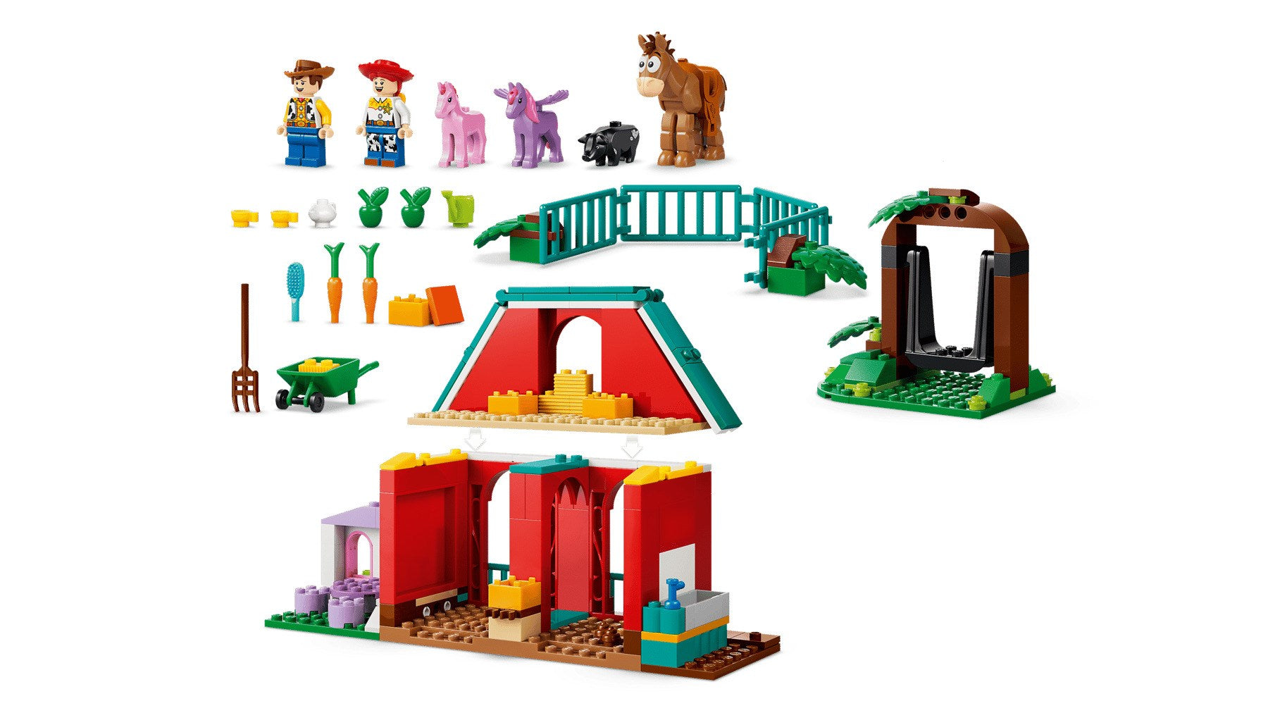 Set de Lego Duplo con granero rojo, figuras de Woody y Jessie, caballos, animales, valla, columpio y accesorios.