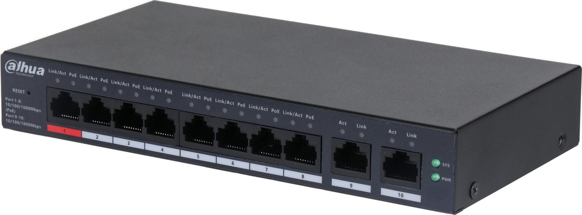Beyaz arka planda Ethernet portları ve LED durum göstergeleri bulunan siyah bir Dahua 10 portlu ağ anahtarı.