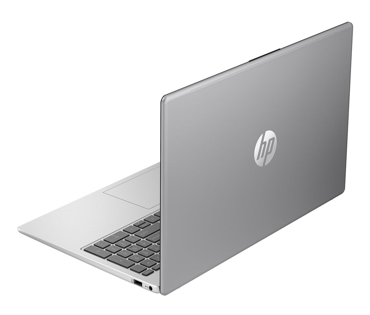 Srebrny laptop HP jest częściowo otwarty na białym tle, z widocznym logo HP na obudowie.