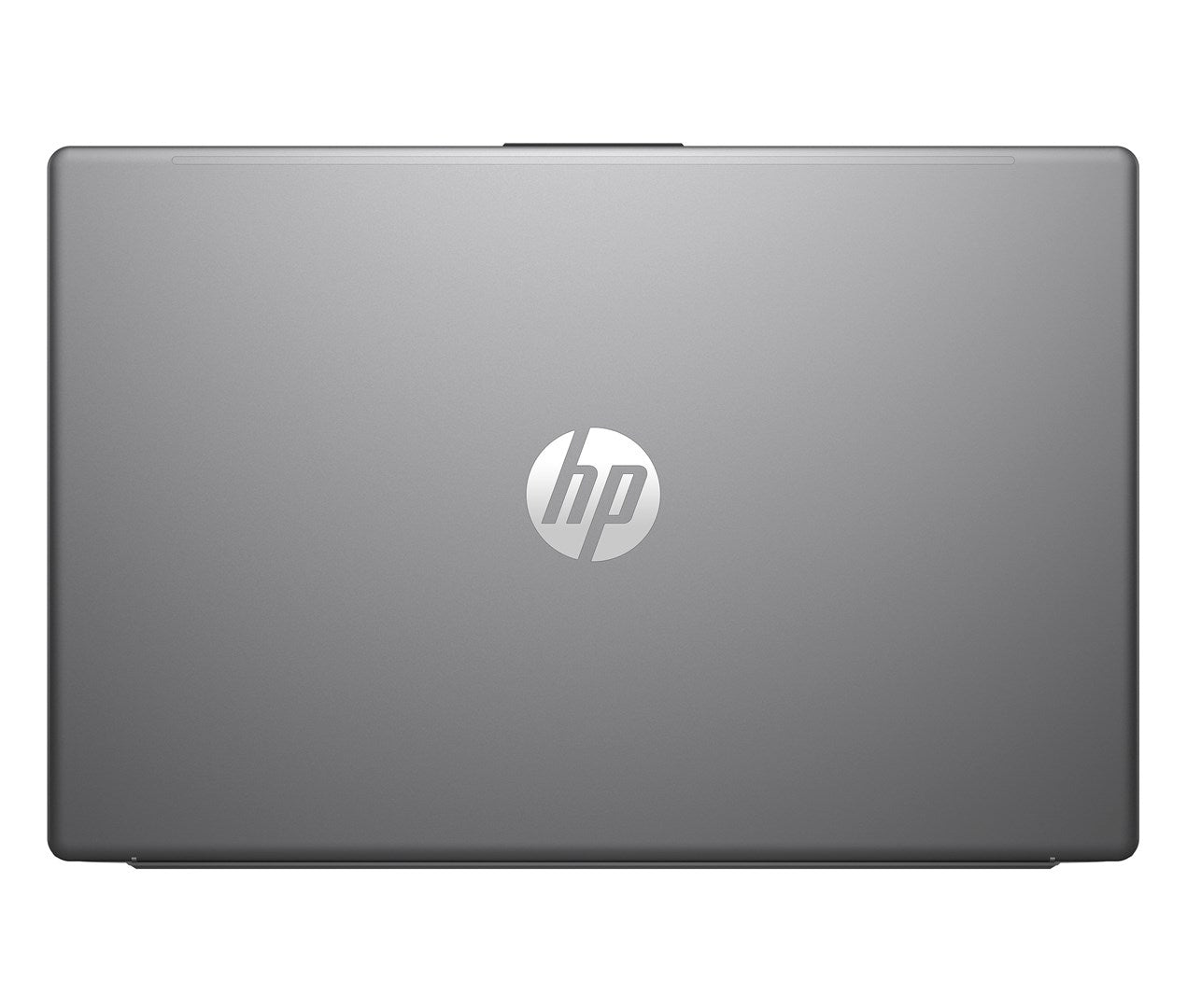 Widok z góry na zamknięty szary laptop HP ze srebrnym logo.