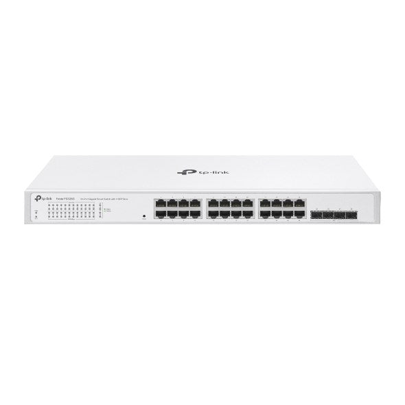 Uno switch di rete TP-Link bianco con più porte Ethernet e SFP.