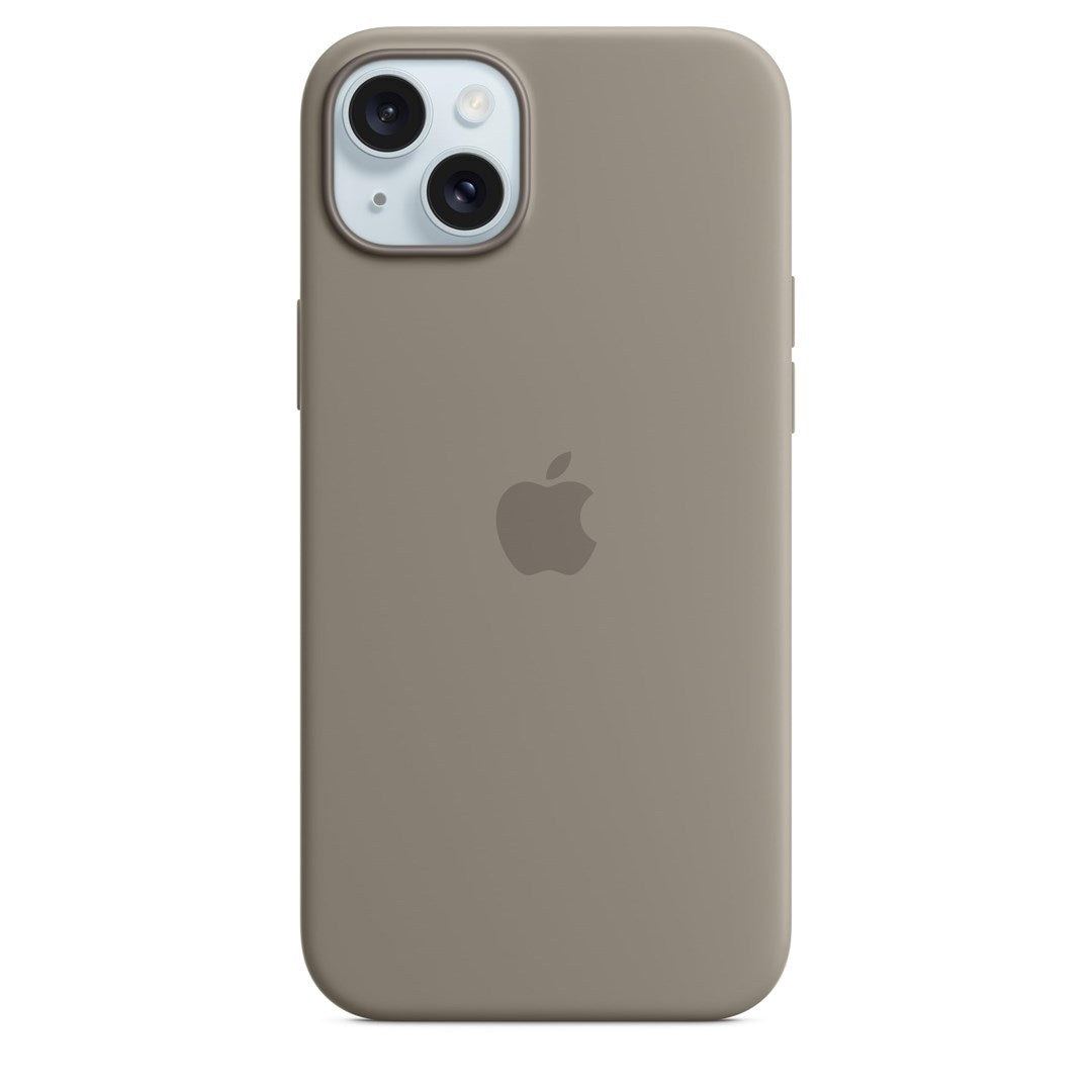 Una funda de iPhone gris topo con logo de Apple y recorte para cámara.