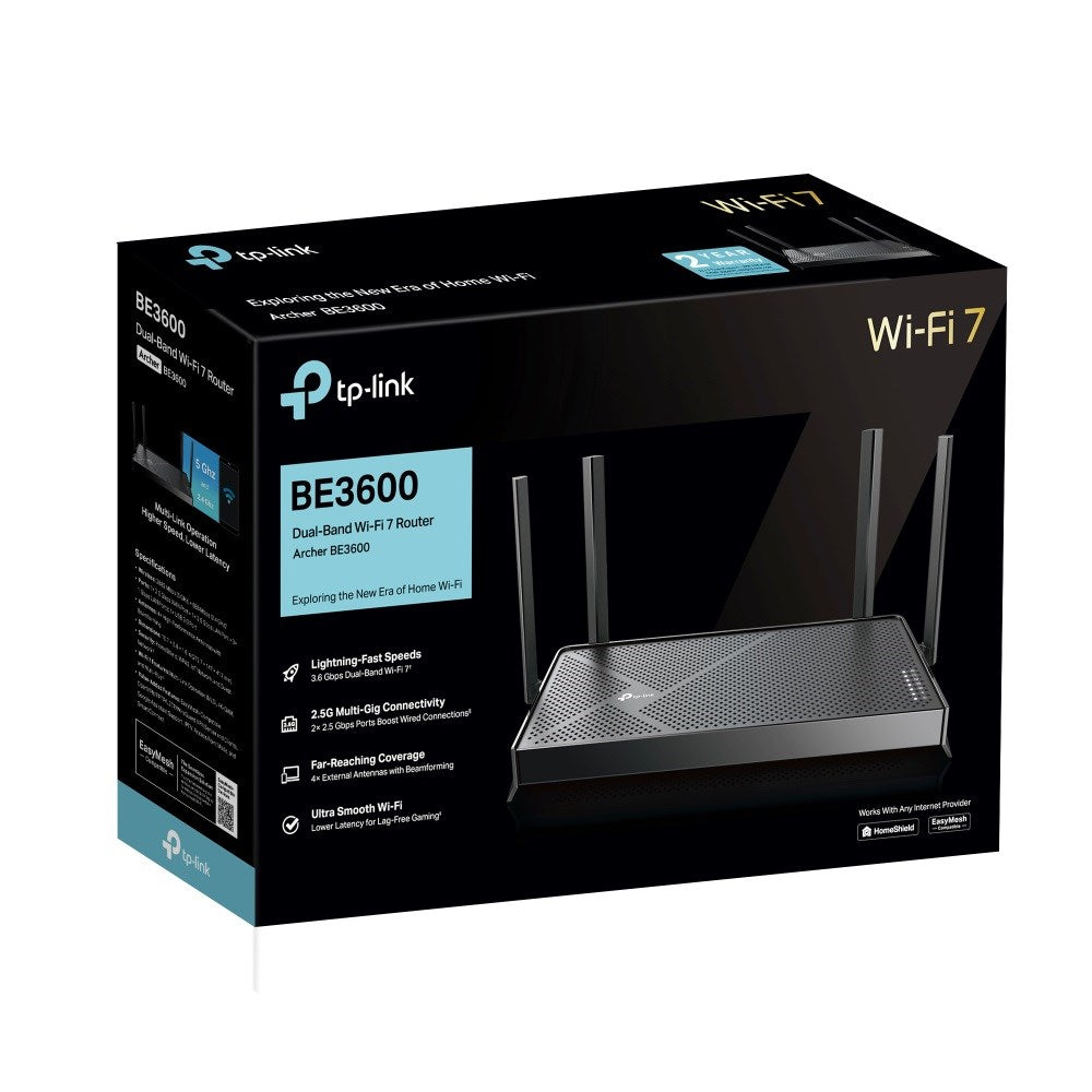 TP-Link BE3600 Wi-Fi 7 Router in seiner Verpackung mit vier externen Antennen und Produktdetails.