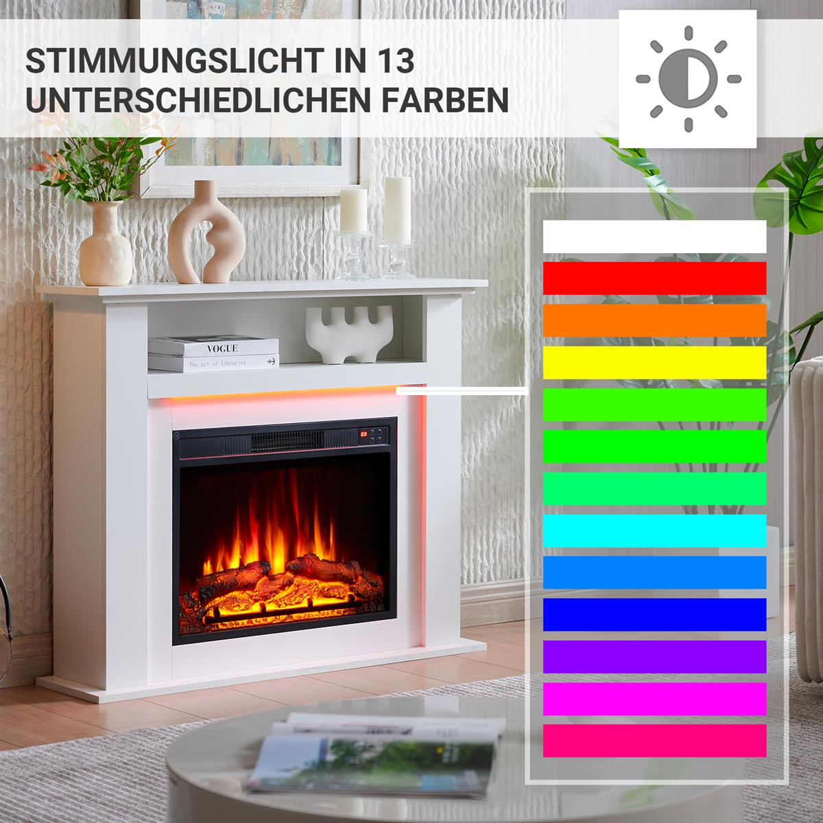 Ein weißer elektrischer Kamin mit Stimmungslicht in 13 verschiedenen Farben.